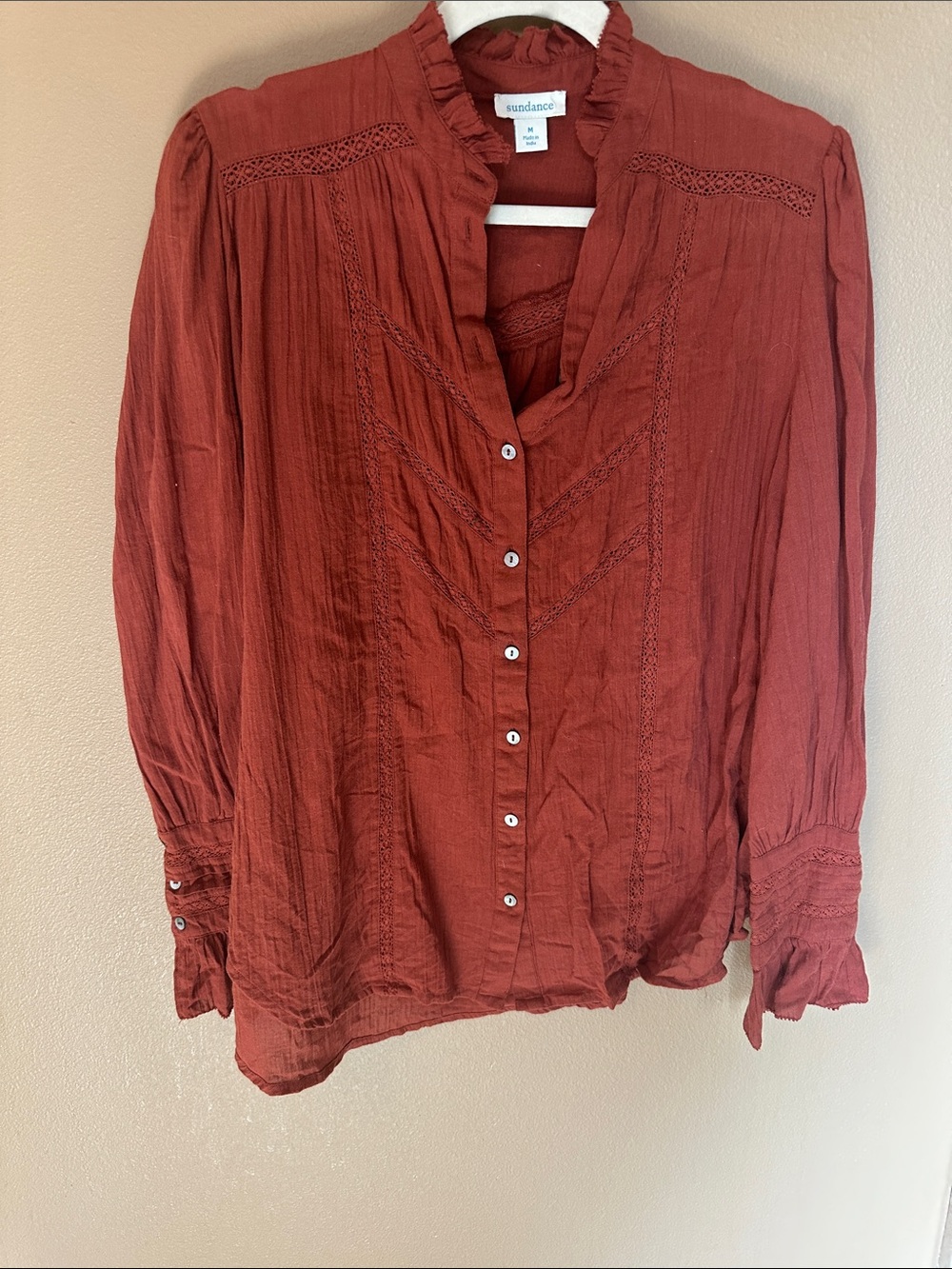 Sundance Rust Red Lace-Trim Button-Up Peasant Top